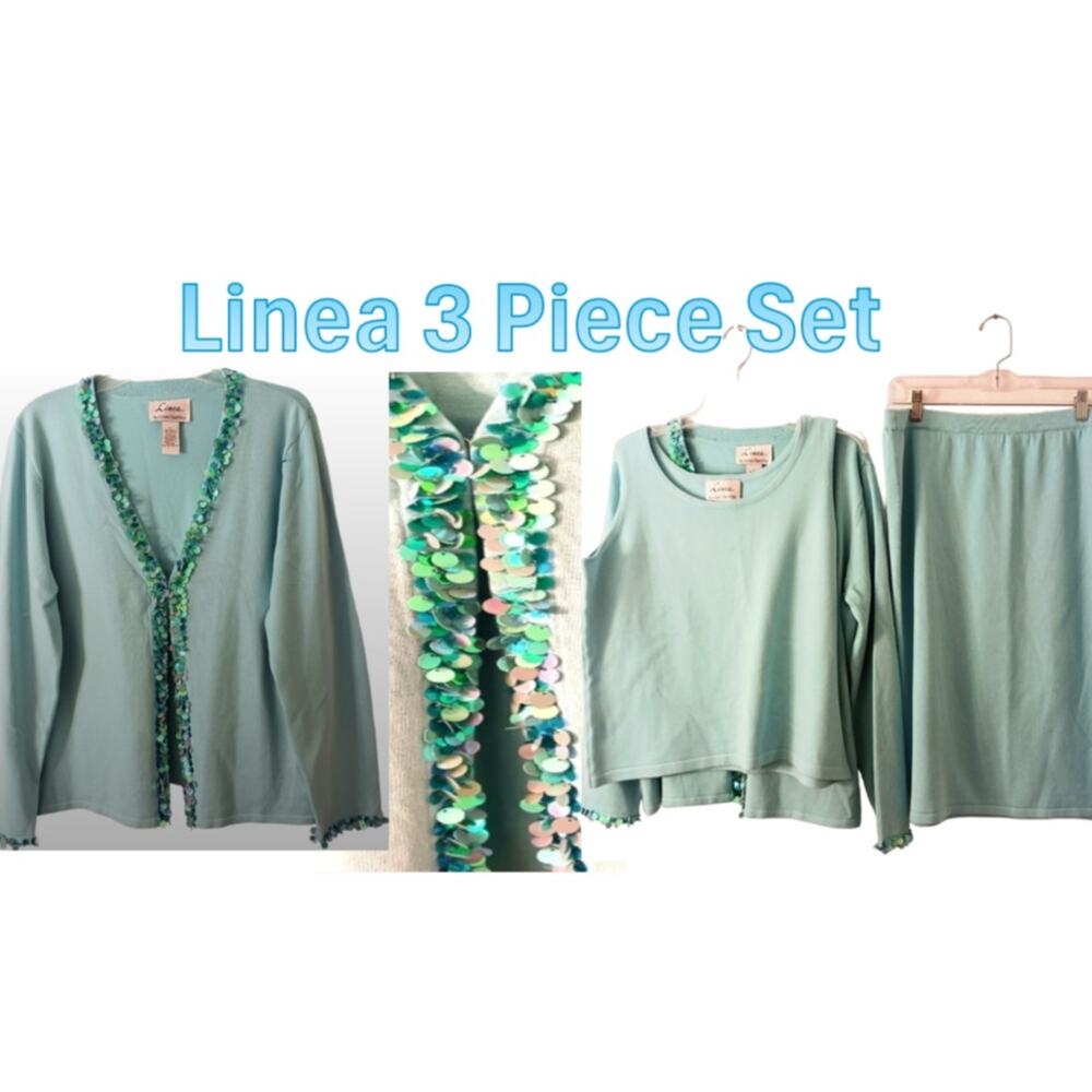 Linea 3 Pc Formal Cardigan Sweater Set Sz L AQUA SKY BLUE Sequins Knit was $350